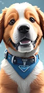 Adorable brown and white dog with blue collar, smiling happily.