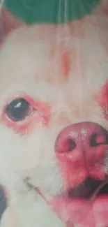 Close-up of cute dog face wallpaper with pink tones.