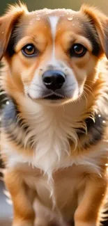 Close-up of a cute wet puppy with a soft focus background.