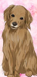 Cute cartoon dog with pink heart background.