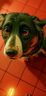 Cute dog sitting on red tiles, looking up adorably.