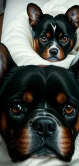 Two adorable dogs relaxing on a cozy white cushion.