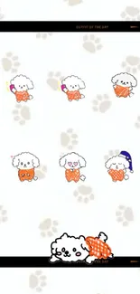 Adorable cartoon dog pattern wallpaper on a white background with playful puppies.