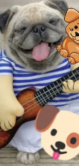 Cute pug playing guitar in a striped shirt with cartoon elements.