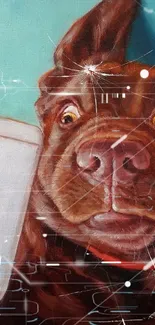 Dog taking a selfie with a smartphone on teal background.