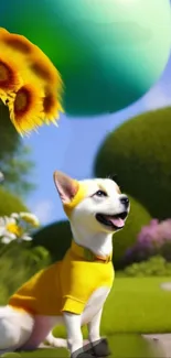 Adorable dog in yellow shirt sits under vibrant sunflowers in a lush garden.