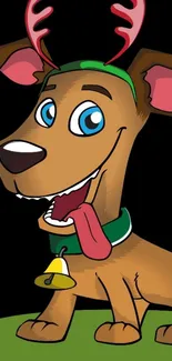 Cartoon dog with antlers and a bell collar on a green background.