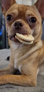 Cute Chihuahua with a biscuit on a soft couch.