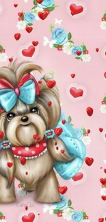 Cartoon dog with a blue bow on a pink floral background.