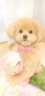 Adorable beige dog with a red bowtie holding a pink blanket.