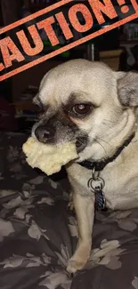 Cute dog with snack and caution sign on bed.