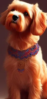 Adorable dog with ornate colorful collar sitting gracefully.