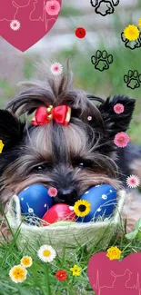 Cute dog with colorful flowers and playful decor on green grass.