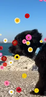 Cute dog by ocean with colorful flowers and blue sky.