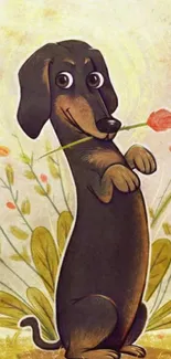 Dachshund illustration holding a flower in vibrant colors.