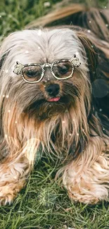 Cute dog with glasses lying on lush green grass.