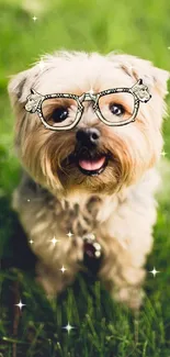 Adorable dog wearing glasses on a vibrant green grass backdrop.