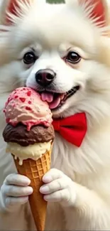 Fluffy dog with ice cream cone, red bowtie.