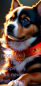 Adorable dog with red collar and inspiring quote on wallpaper.