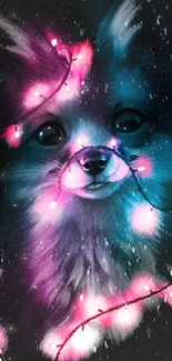 Cute dog with neon lights and dark background.