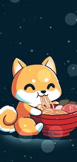 Cartoon Shiba Inu eating noodles with a blue background.