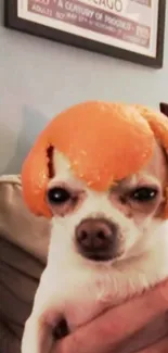 Chihuahua wearing an orange peel hat, looking funny.