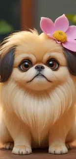 Adorable fluffy dog with a pink flower on its head, large eyes, and cream fur.