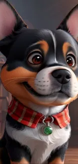 Cute cartoon dog with plaid collar in cozy setting.