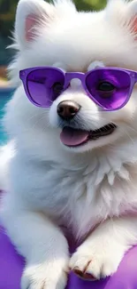 Cute fluffy dog wearing purple sunglasses by the pool.