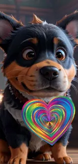 Adorable puppy with a rainbow heart design as a phone wallpaper.