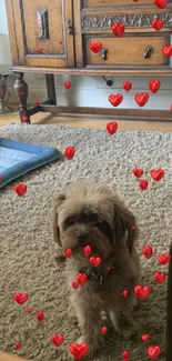 Adorable dog with red hearts in cozy home setting wallpaper.