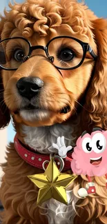 A cute dog wearing glasses with a star-adorned collar.