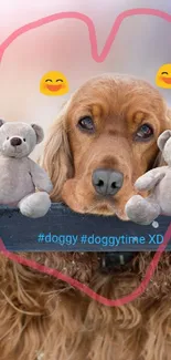 Playful golden dog with teddy bears in a heart frame on a blue gray background.