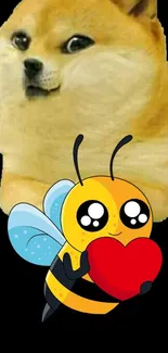 Doge with a heart-holding cartoon bee on black background.