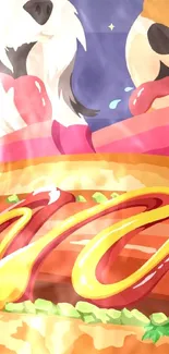 Cartoon dogs drool over a colorful and tasty hotdog.