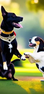 Playful dogs enjoying a sunny day in a park with lush green surroundings.