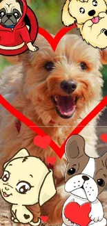 Adorable animated dogs on a nature path with a red heart.