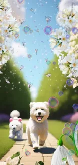 Two joyful dogs running on a flower-lined path under a clear sky.