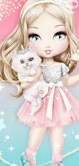 Cute doll holding a white cat with pastel pink and blue background.