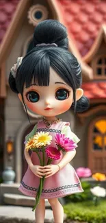 Cute doll holding flowers in front of fairy house.