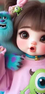 Adorable doll with a colorful monster companion in a cute wallpaper design.