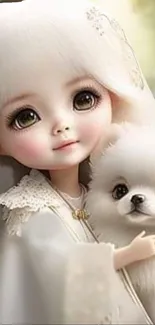 Charming doll and puppy in soft pastel shades.