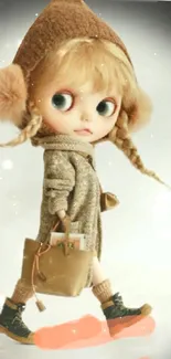 Cute doll in brown attire walking with a handbag.