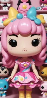 Cute pink doll with toy collection in the background.