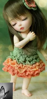 Cute doll in green and orange dress with floral accessory.