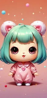 Cute mint-haired doll with pink outfit and a colorful background.