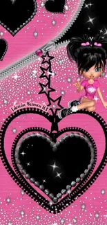 Cute doll sitting on a pink heart wallpaper.