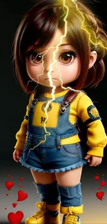 Cute doll with denim overalls and lightning in yellow theme.