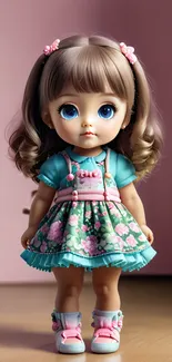 Cute doll with blue eyes in a floral dress, perfect mobile wallpaper.