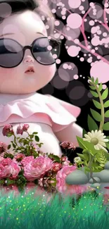 Cute doll in sunglasses surrounded by pink flowers.